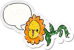 cartoon flower and speech bubble distressed sticker vector