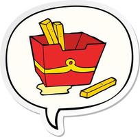 caricatura, caja, de, papas fritas, y, burbuja del discurso, pegatina vector