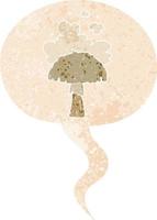 cartoon mushroom with spore cloud and speech bubble in retro textured style vector