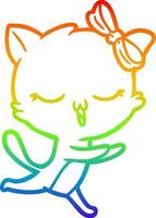 rainbow gradient line drawing cartoon cat with bow on head vector