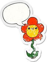 cartoon flower and speech bubble distressed sticker vector