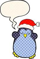 lindo pingüino navideño y burbuja de habla al estilo de un libro de historietas vector