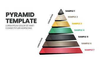 7 Steps of a pyramid or triangular template with editable text is for elements in a chart presentation slide. The hierarchy template is a modern colored vector illustration in a flat triangle shape.