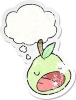 cartoon pear and thought bubble as a distressed worn sticker vector