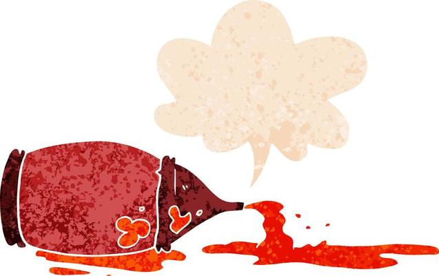 cartoon spilled ketchup bottle and speech bubble in retro textured style