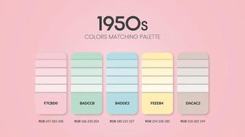 Ideas de esquemas de color de la década de 1950. combinaciones de tendencias de color y guía de paleta. ejemplo de tonos de color de mesa en rgb y hex.muestra de color para moda, hogar, diseño de interiores o cataloque.vector de carta de colores. vector