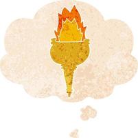 cartoon flaming torch and thought bubble in retro textured style vector