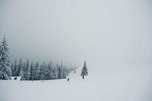 Man tourist photographer with backpack, at mountain with pine trees covered by snow. Beautiful winter landscapes. Frost nature. photo