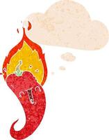 cartoon flaming hot chili pepper and thought bubble in retro textured style vector