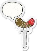 cartoon sausage on fork and speech bubble distressed sticker vector