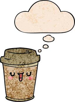 caricatura, sacar, café, y, pensamiento, burbuja, en, grunge, textura, patrón, estilo vector