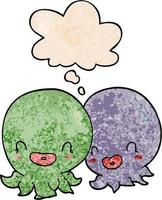 two cartoon octopi  and thought bubble in grunge texture pattern style vector