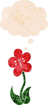 cartoon flower and thought bubble in retro textured style