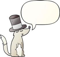 cartoon wolf whistling wearing top hat and speech bubble in smooth gradient style vector