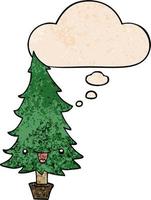 cute cartoon christmas tree and thought bubble in grunge texture pattern style vector