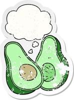 cartoon avocado and thought bubble as a distressed worn sticker vector