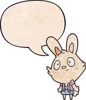 cute cartoon rabbit shrugging shoulders and speech bubble in retro texture style vector