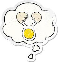 cartoon cracked egg and thought bubble as a distressed worn sticker vector