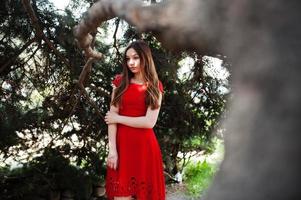 Teenage girl in red dress posed outdoor at sunny day. photo