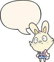 cute cartoon rabbit shrugging shoulders and speech bubble in comic book style vector