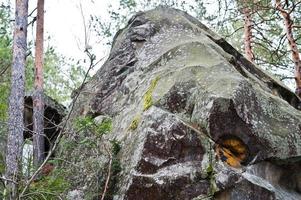 rocas dovbush en el bosque verde en las montañas de los cárpatos. foto