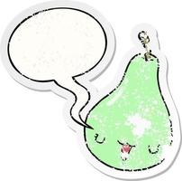 cartoon pear and speech bubble distressed sticker vector