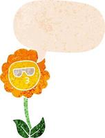 cartoon flower and speech bubble in retro textured style vector