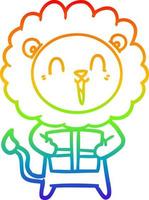 rainbow gradient line drawing laughing lion cartoon with christmas present vector