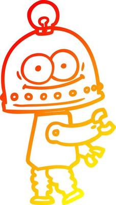 warm gradient line drawing happy carton robot with light bulb