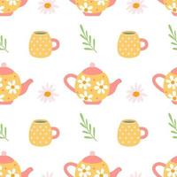 Teapots and mugs with tea, daisies on white background, vector seamless pattern in flat hand drawn style