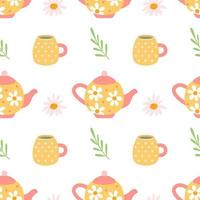 Teapots and mugs with tea, daisies on white background, vector seamless pattern in flat hand drawn style