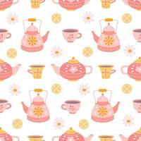 Teapots and mugs with tea, daisies and lemon on white background, vector seamless pattern in flat hand drawn style