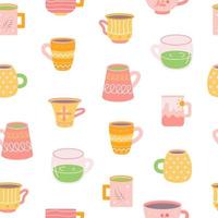 Mugs with drinks, tea and coffee on white background, vector seamless pattern in flat hand drawn style