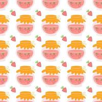 Strawberry jam in glass jar on white background, vector seamless pattern in flat hand drawn style