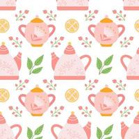 Teapot with sugar bowl, lemon, berries and tea leaves on white background, vector seamless pattern