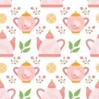 Teapot with sugar bowl, lemon, berries and tea leaves on white background, vector seamless pattern