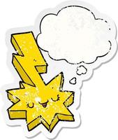 cartoon lightning strike and thought bubble as a distressed worn sticker vector