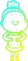 cold gradient line drawing cartoon happy old woman vector