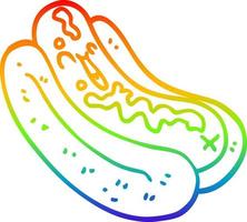 rainbow gradient line drawing cartoon hotdog in bun with ketchup vector