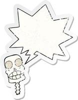 cartoon spooky skull and speech bubble distressed sticker vector