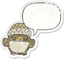 cute cartoon owl in hat and speech bubble distressed sticker vector