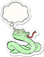 cartoon snake and thought bubble as a distressed worn sticker vector