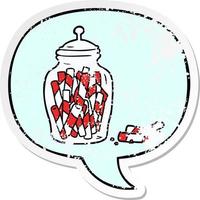 cartoon traditional candy sticks in jar and speech bubble distressed sticker vector