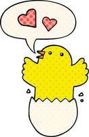 cute hatching chick cartoon and speech bubble in comic book style vector