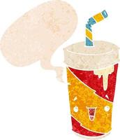 cartoon soda cup and speech bubble in retro textured style vector
