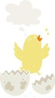cartoon bird hatching from egg and thought bubble in retro style vector