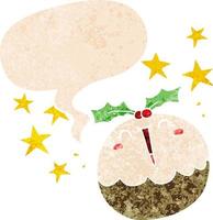 cute cartoon happy christmas pudding and speech bubble in retro textured style vector