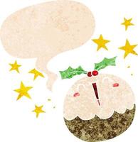 cute cartoon happy christmas pudding and speech bubble in retro textured style vector