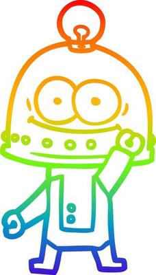 rainbow gradient line drawing happy carton robot with light bulb