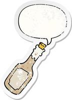 cartoon beer bottle and speech bubble distressed sticker vector